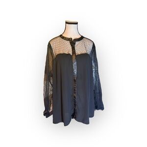 Women’s reitmans 2X Polka Dot Mesh Long Sleeve Button Down with Faux Leather Hem